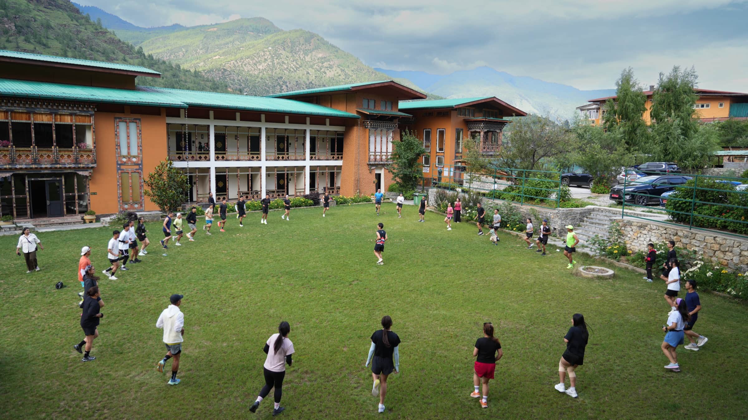 Group training session at a traditional Bhutanese farmhouse in Paro